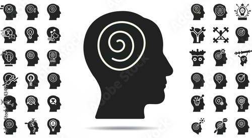 Human head with spiral inside representing confusion and mental health issues on white, conveying anxiety and psychological distress.