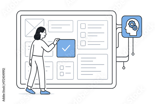 Female designer organizing a smart dashboard with AI assistance, detailed flat line art vector illustration.
