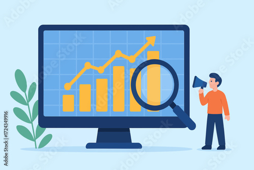 Businessman analyzing a financial growth chart and announcing results with a megaphone, flat vector concept.
