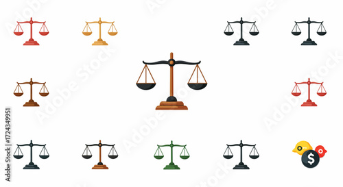 Scales of justice representing fairness and balance in legal system with various color options, symbolizing impartiality and equality.