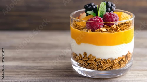 Delicious yogurt parfait layered with granola, fresh raspberries, blackberries, and orange slices, creating vibrant and healthy dessert or snack option perfect for breakfast