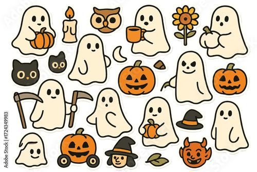 Vector Halloween Ghosts and Spooky Elements Set
