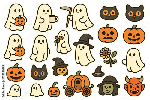 Vector Halloween Ghost and Pumpkin Stickers Set

