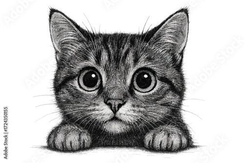 Vector Detailed Grayscale Peeking Kitten Illustration

