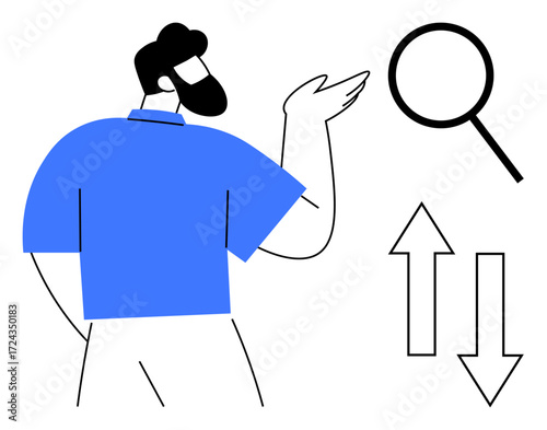 Bearded man in blue shirt facing magnifying glass with upward and downward arrows. Ideal for search, decision-making, analytics, trends, evaluation, growth, clarity concepts. Minimalist flat metaphor