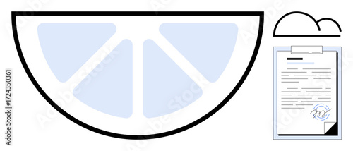 Lemon slice divided into segments, document with a signature, abstract cloud. Ideal for creativity, contracts, simplicity, innovation, agreements freshness productivity. A simple flat metaphor