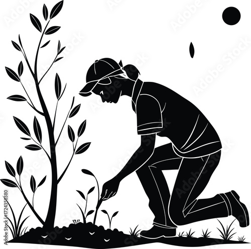 Person planting saplings silhouette gardening vector
