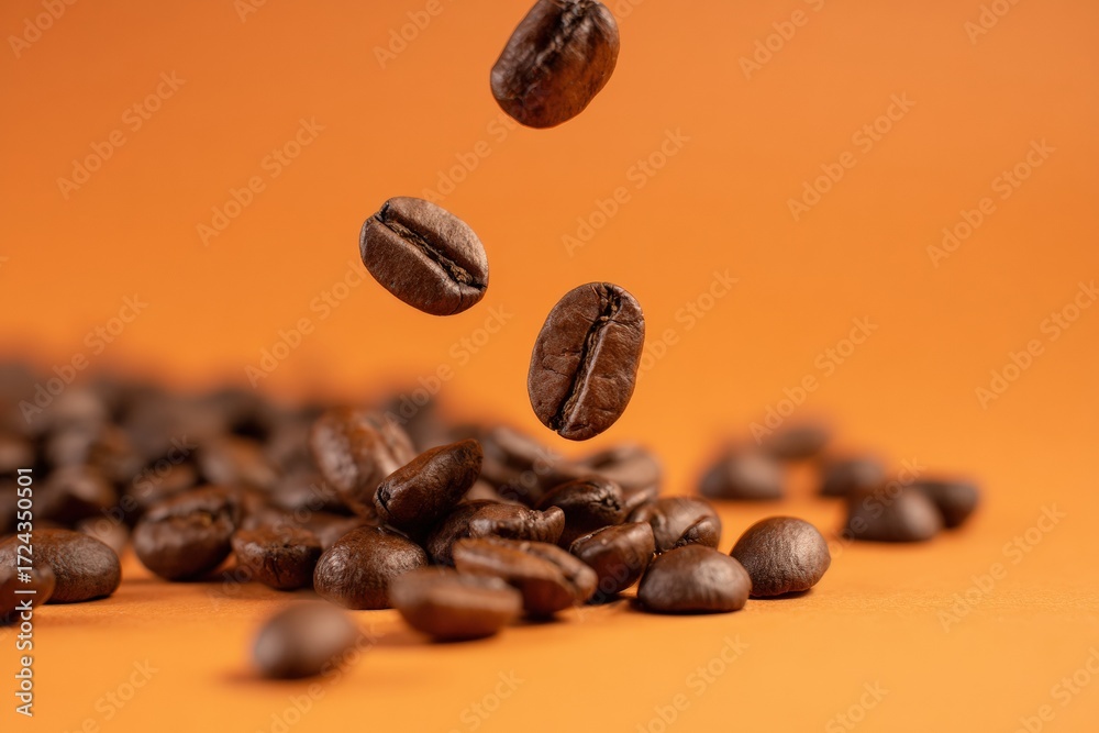 Fototapeta premium Freshly roasted coffee beans falling with motion blur onto a pile on an vibrant orange background, highlighting energy