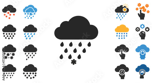 Weather clouds dropping rain and snow in a variety of styles, representing different precipitation types and atmospheric conditions.