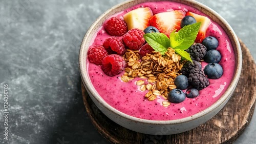 Vibrant smoothie bowl bursting with berries, featuring strawberries, raspberries, blueberries, and granola, garnished with mint for healthy breakfast delight