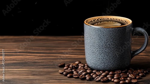 Steaming Cup of Coffee on Wooden Surface Surrounded by Coffee Beans, Creating Cozy Atmosphere with Warm Tones and Inviting Aroma for Coffee Lovers