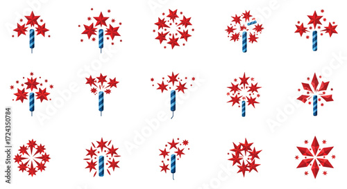 Sparkling fireworks explode with red stars and blue wicks against a white backdrop, celebrating independence day with patriotic flair.