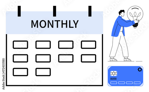Large monthly calendar with blank spaces, person holding light bulb symbolizing ideas, credit card with settings gear. Ideal for planning, organization, innovation, budgeting, scheduling, workflow