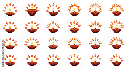 Diwali lamps glow brightly, arranged in neat rows on a white surface, symbolizing light and celebration in a festive atmosphere.