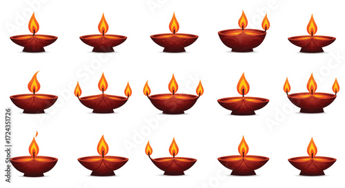 Diwali lamps glowing brightly on white surface, symbolizing the festival of lights and spiritual victory over darkness, creating a warm and festive atmosphere.