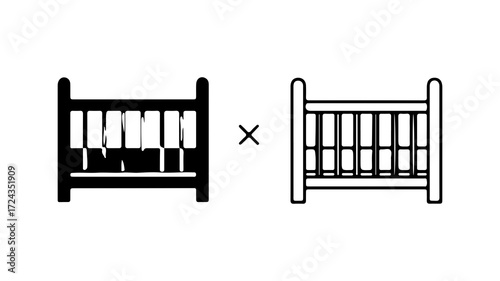 Two cribs one black and white one outlined.
