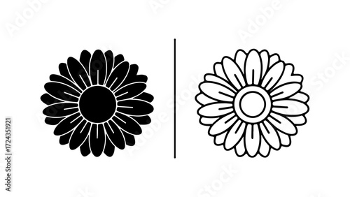 Two daisy flower icons one filled one outline.