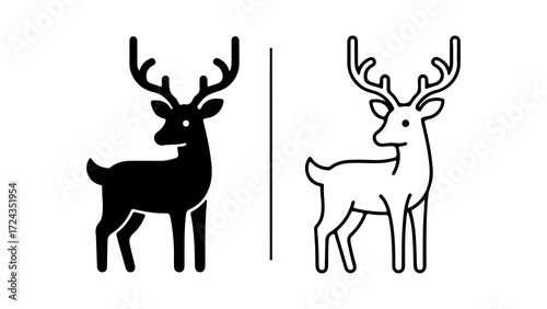 Two deer illustrations one black one line art.