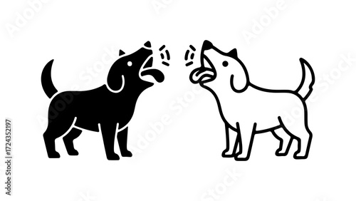 Two dogs barking at each other intensely.
