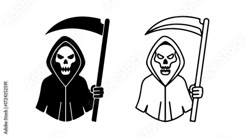 Two grim reapers one black and one white holding scythes halloween theme illustration.