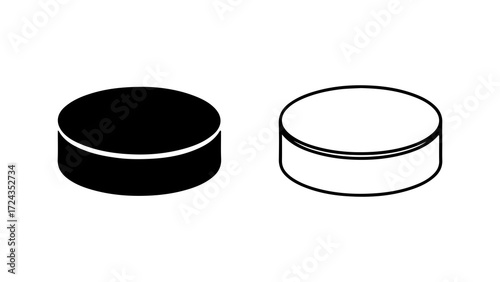 Two hockey pucks side by side black and white illustration.