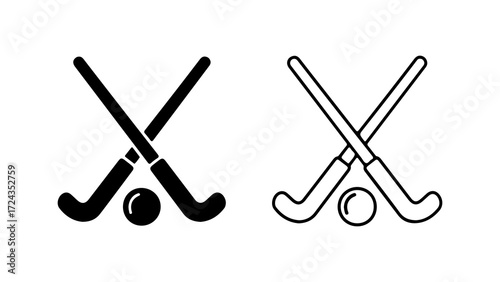 Two hockey sticks crossed with a hockey ball in the middle.