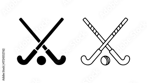 Two hockey sticks crossed with a hockey ball in between in two styles solid and outline.