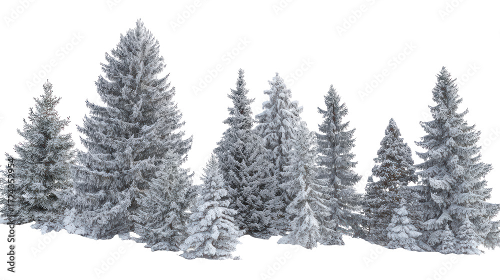 Fototapeta premium Cluster of snow covered pine trees isolated on transparent background