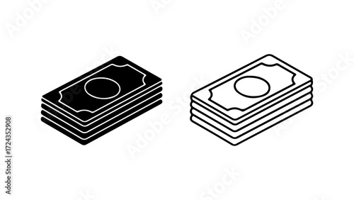 Two isometric stacks of cash bills in black and white outline and solid fill.