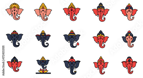 Collection of ganesha heads in various colors and styles displayed against a white backdrop, showcasing hindu deity in a modern, minimalist style.