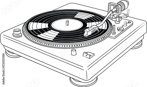 Retro Turntable Playing Vinyl Record with Stylus and Deck Detail