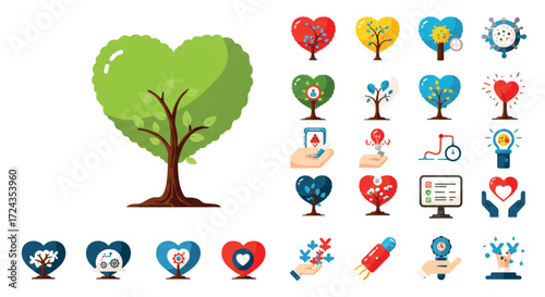 Collection of heart shaped elements representing love, care, and support for various causes, symbolizing compassion and charity.