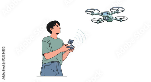 Illustration of a young man operating a drone with remote control, showcasing technology and leisure activities against a white background