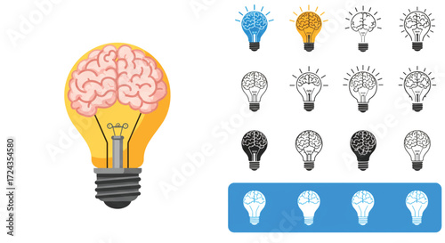 Brain inside lightbulb represents innovative thinking and creative ideas in a bright and conceptual way.