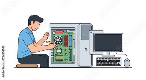 Illustration of a technician repairing a computer system, showcasing technology maintenance and hardware expertise for a modern and efficient