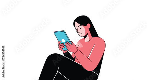 Isolated illustration showcasing a woman engaging with a digital tablet device with focused attention and a calm expression depicted through