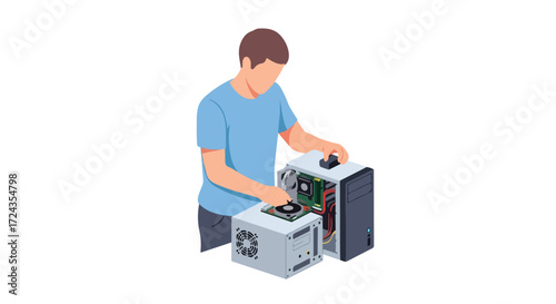 Computer Technician Assembling Desktop PC Components, Illustrating Hardware Installation and System Building Process for Repair or Upgrade Work in