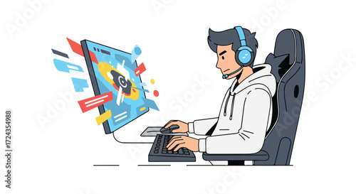 Dedicated gamer in action, immersive world display on screen, esports competition, skilled player with headset, cartoon design
