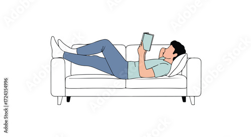 Man relaxing on a white sofa, reading a book in a minimalistic illustration style for easy leisure time