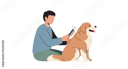 Person grooming a golden retriever dog with comb, showcasing animal care and affection, perfect for pet wellness and lifestyle concepts