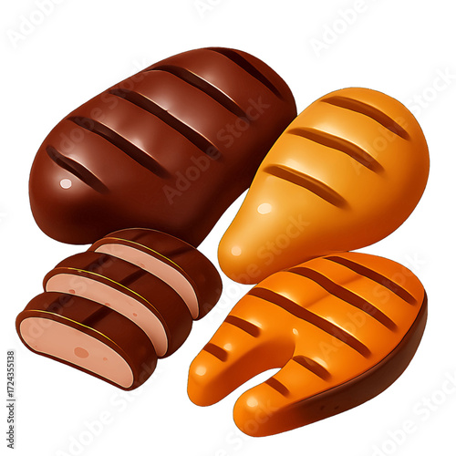 Grilled Meats Icon with Steak Chicken and Fish Cuts Showing Grill Marks and Juiciness on Transparent Background 3D Style