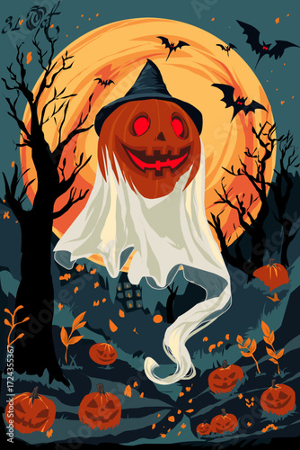 Halloween illustration featuring a spooky pumpkin ghost with a witch hat, surrounded by glowing Jack-o’-lanterns, bats, and a full moon in a dark forest. October 31st Celebration.