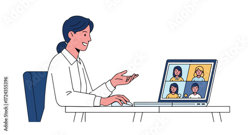 Illustration depicting a woman participating in a virtual meeting with colleagues, using a laptop for communication and collaboration in remote work