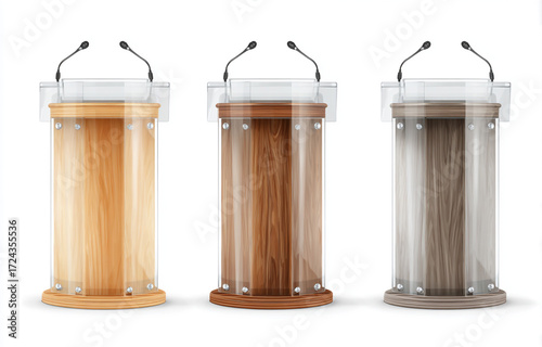 Three podiums with microphones isolated on white background