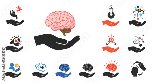 Human hand holding brain and various cognitive symbols representing mental health and intelligence in a clean and modern style.