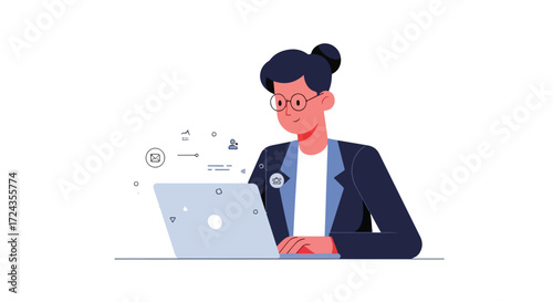 Professional woman working on a laptop with digital icons showcasing modern communication methods and remote work concept