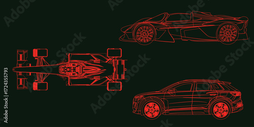 High-tech and fast car, linear light silhouette of a racing car isolated on a black background. Top and side views. Vector illustration.