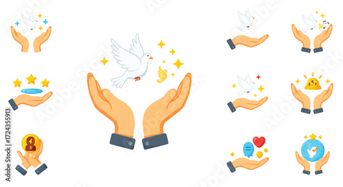 Hands present various symbols representing peace, success, and love with magical sparkles on a clean white backdrop, conveying a sense of hope and positivity.
