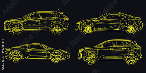 High-tech and fast car, linear light silhouette of a racing car isolated on a black background. Top and side views. Vector illustration.