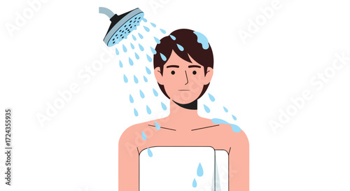 Illustration of a man taking a shower with water droplets, a towel and a clear background graphic and modern style design for wellness concept design